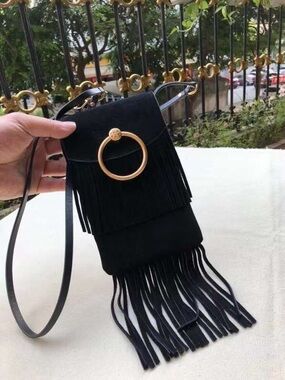 Tory Burch Black Suede Fringe Crossbody with Gold Ring